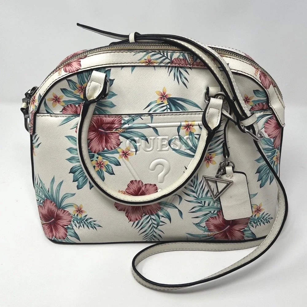 GUESS White Floral Tropical Hibiscus Dome Satchel Crossbody Bag‎ Silver Hardware